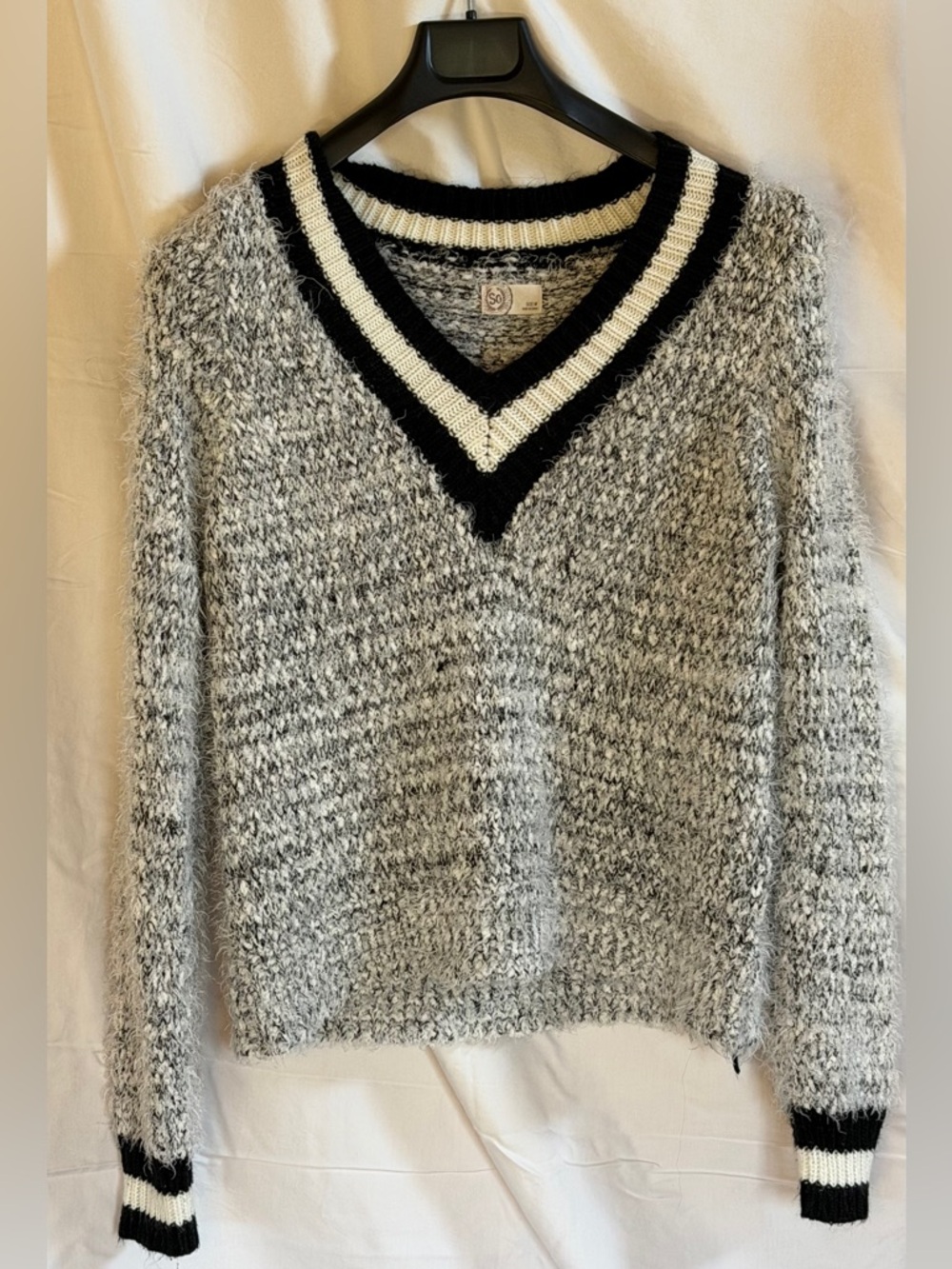SO V-Neck Marled Gray Sweater with Black & White Trim